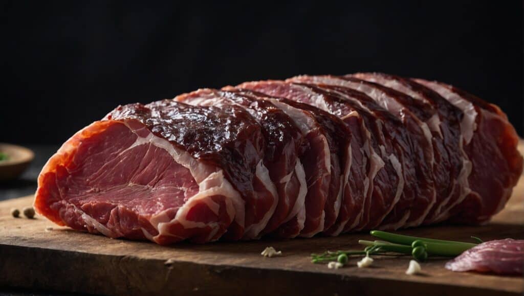 A raw, uncooked piece of red meat on a wooden cutting board, awaiting the artful touch of home cooks and Umai curing, set against a black background with some green onions and herbs nearby