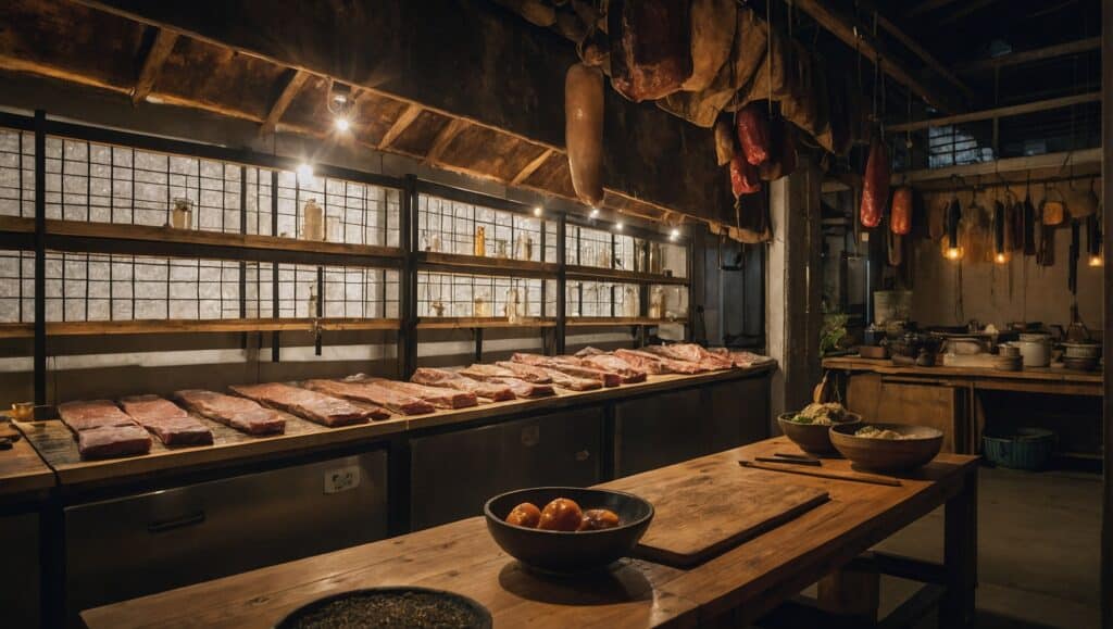 Interior of a rustic butcher shop with cuts of meat displayed on a counter and hanging from the ceiling, illuminated by warm lighting. Home cooks discovering the art of Umai Curing.