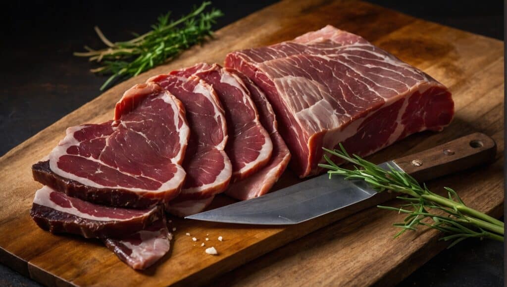 Sliced raw meat on a wooden cutting board with a knife, sprigs of rosemary, and Umai Curing ingredients.