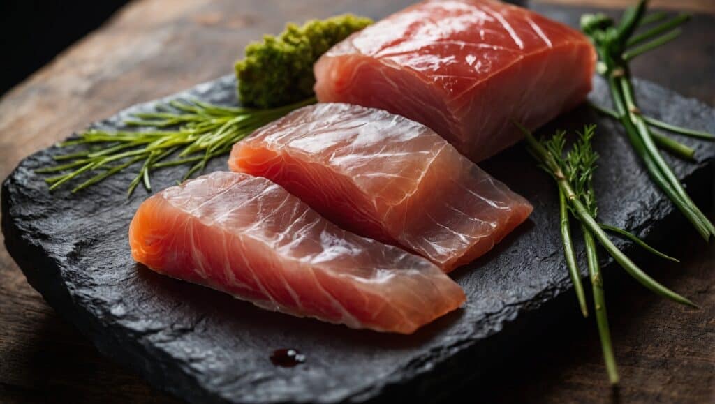 Two pieces of raw sushi-grade fish garnished with herbs on a slate serving board, perfect for home cooks discovering the art of Umai Curing.