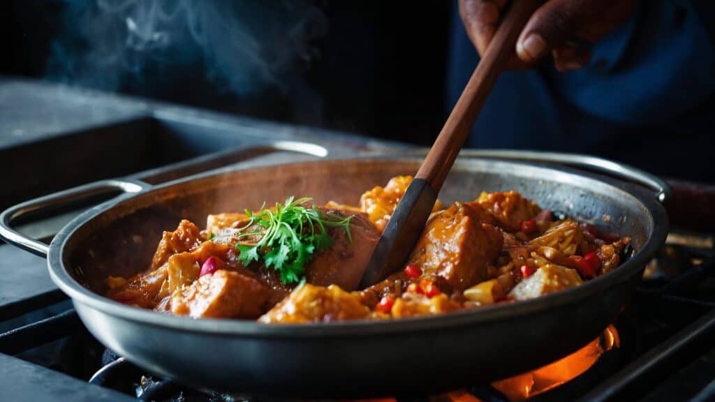 A person is cooking a dish with chicken and vegetables in a sauté pan over a gas stove, garnishing it with secrets for beginners, including a sprig of parsley.