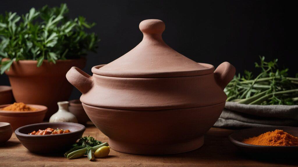 A traditional clay pot with lid, essential for Tagine cooking, surrounded by small bowls of spices and fresh herbs, on a wooden table against a dark background.
