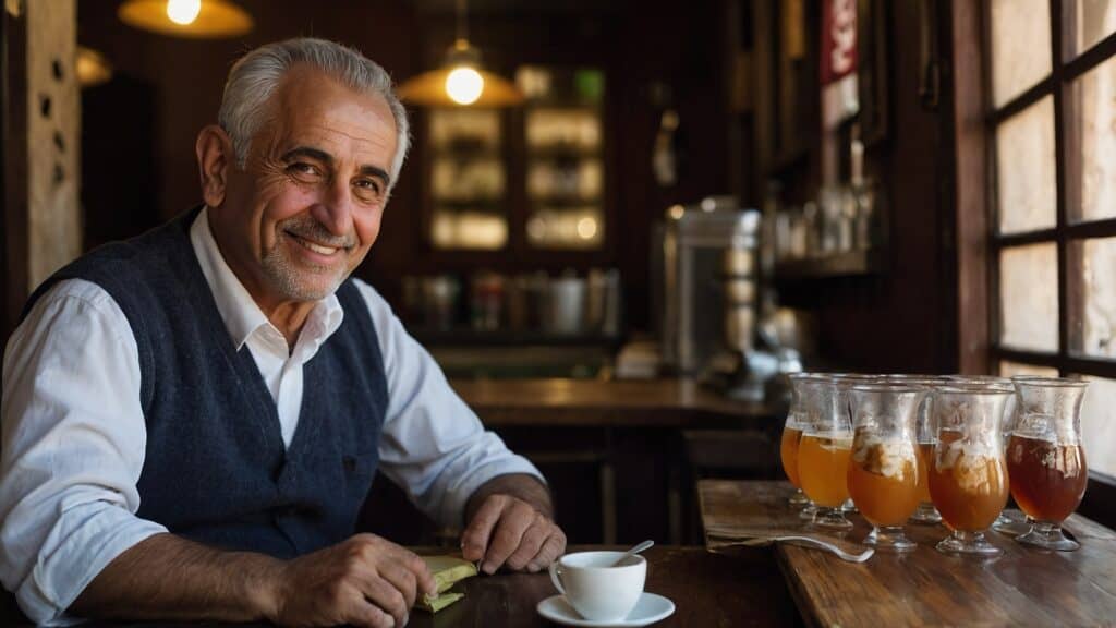 Senior man smiling at a table in a cozy cafe with several glasses of iced tea and a small espresso cup, enjoying the taste of traditional Armenian flavors.