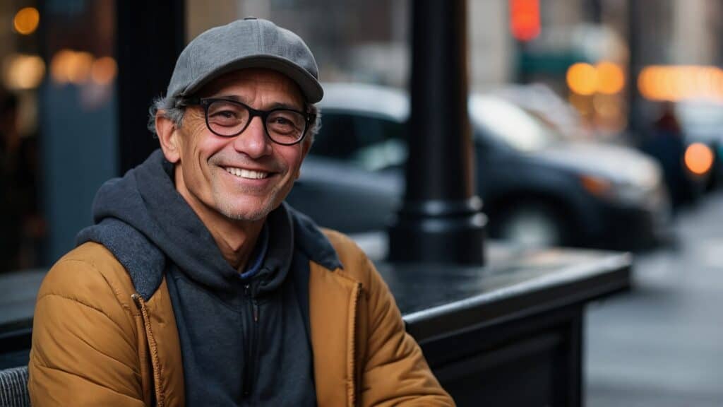 Smiling middle-aged man wearing glasses, a gray cap, and a yellow jacket, seated outdoors with a blurred city street in the background, possibly taking a break from his work in the watch repair industry.