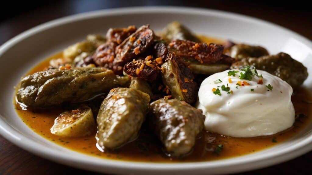 A plate of pierogi topped with sour cream, garnished with chives and served with a side of crispy bacon bits, honoring Armenian flavors.