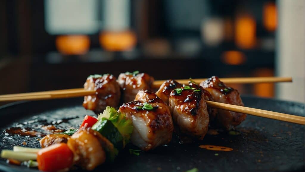 A close-up shot of glazed chicken skewers garnished with sesame seeds and green onions, accompanied by vegetables on a black plate with chopsticks resting on top, ready to unlock culinary secrets for beginners.