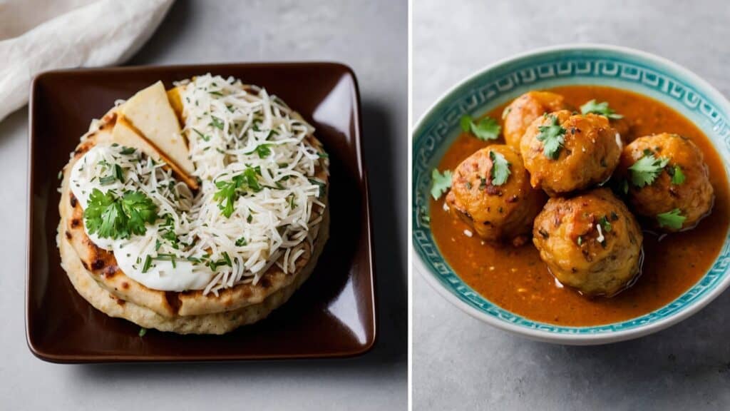 Two pictures of home-cooked Indian food, one with meatballs and the other with rice.