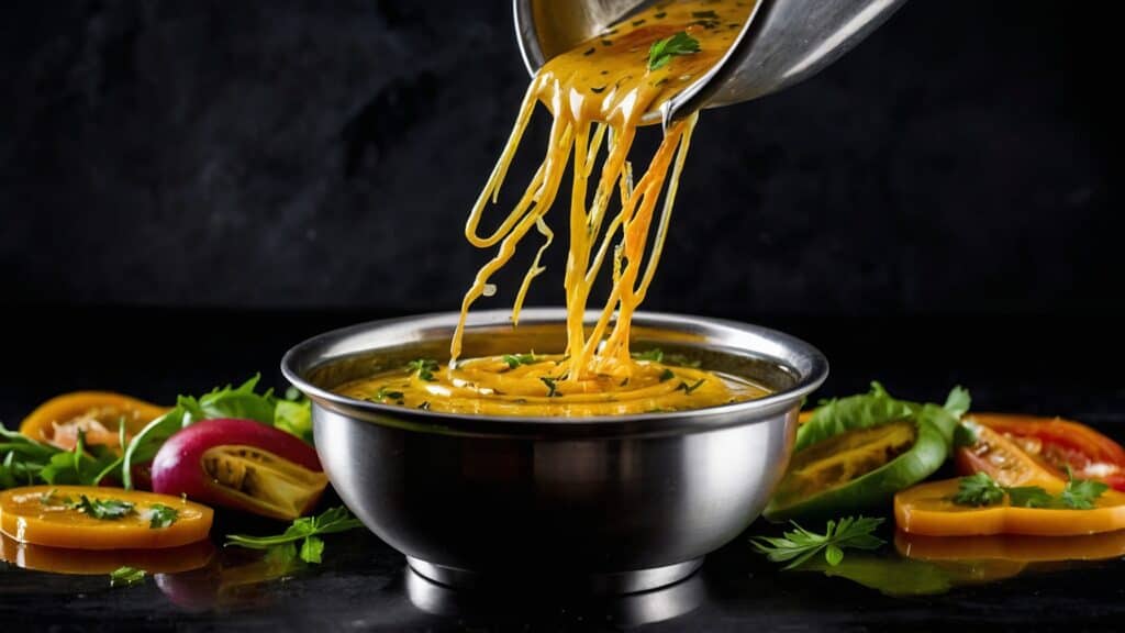 A Tarka sauce is being poured into a metal bowl.
