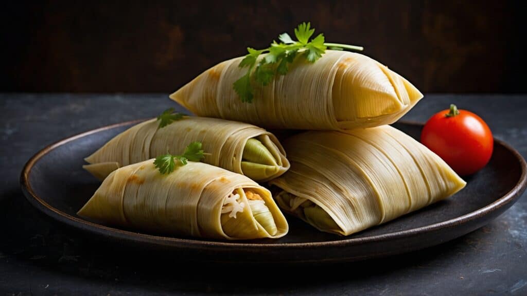 Best Mexican tamales on a plate with tomatoes and herbs.