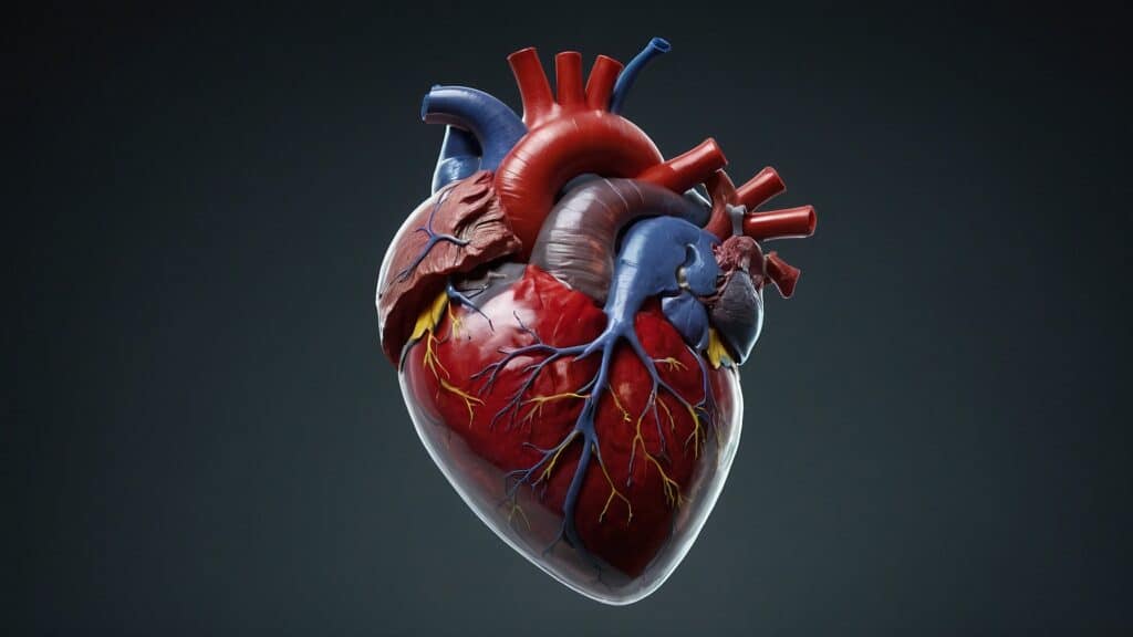 A detailed anatomical illustration of a human heart, highlighting Heart Health Essentials, against a dark background.