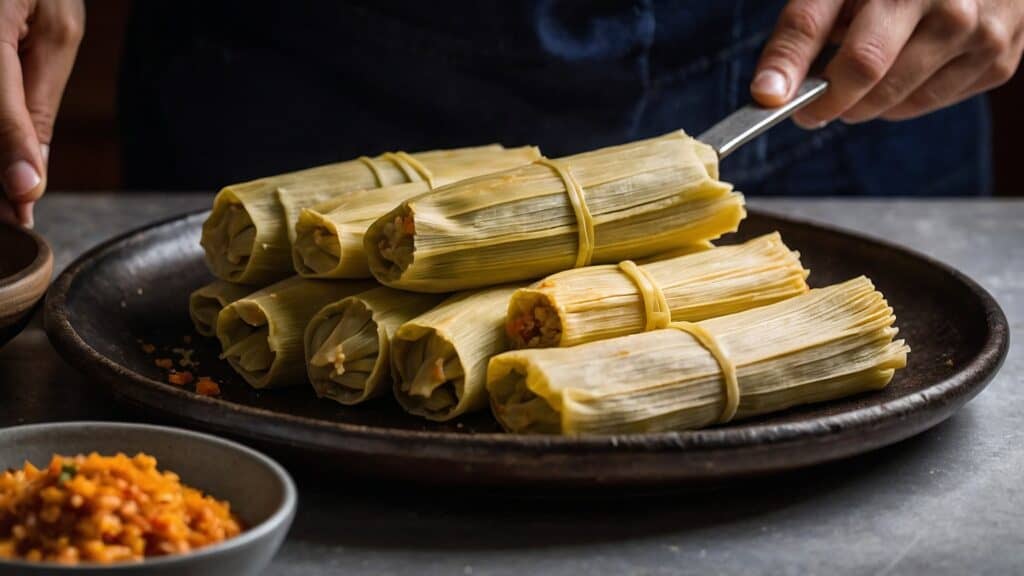 Best Tamales on a plate with a spoon.