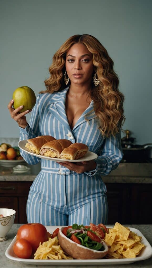 Beyoncé revealed her favorite foods as she poses with a plate of food in front of a kitchen.