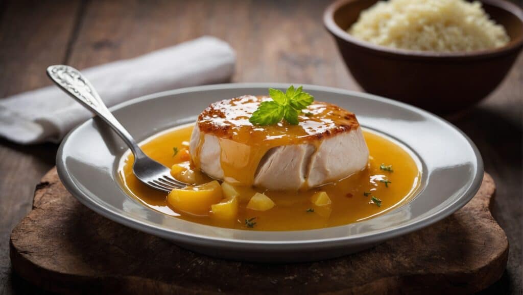 A plate with a piece of tuna in a sauce, complemented by an expert kitchen advice-inspired Tavuk Göğsü recipe.