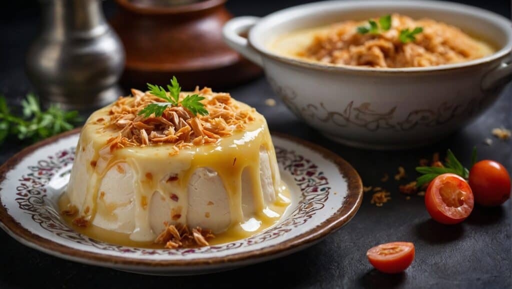 A Tavuk Göğsü dessert with a sauce on top of a plate.