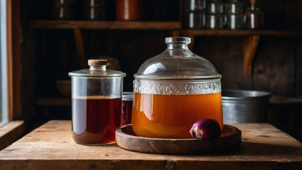 Two jars of apple cider vinegar undergoing home fermentation on a wooden table.