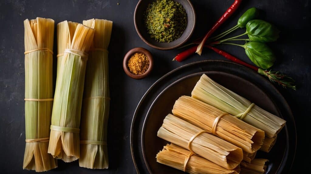 A plate of the best tamales and spices on a dark background.