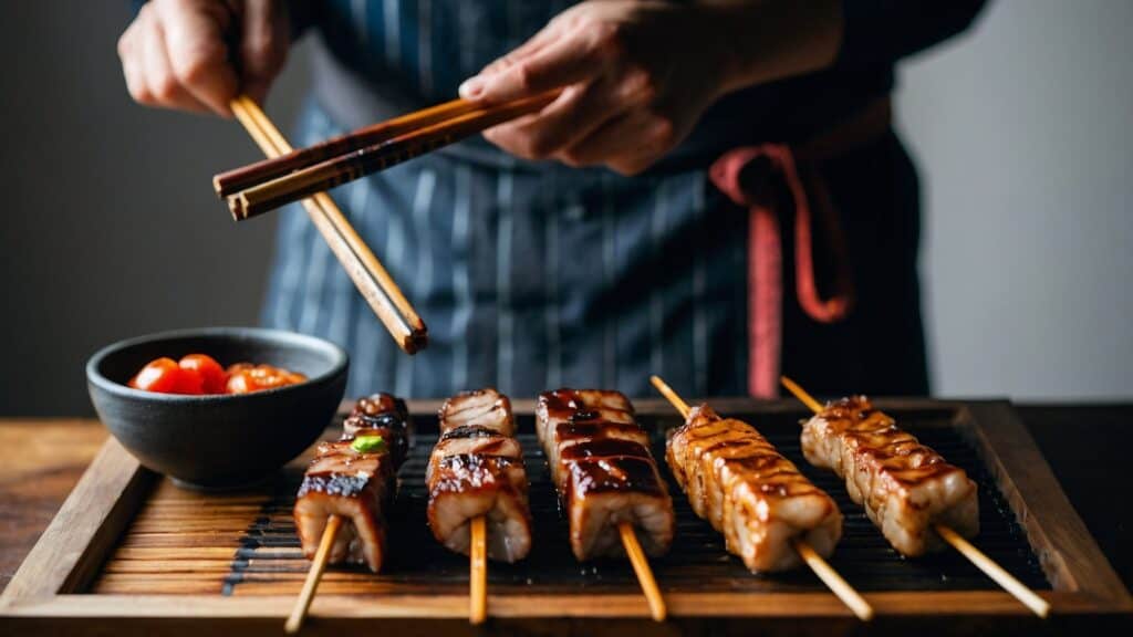 A person in an apron uses chopsticks to pick up a grilled skewer from a wooden board with several yakitori skewers and a small bowl of tomatoes, unlocking secrets for beginners.