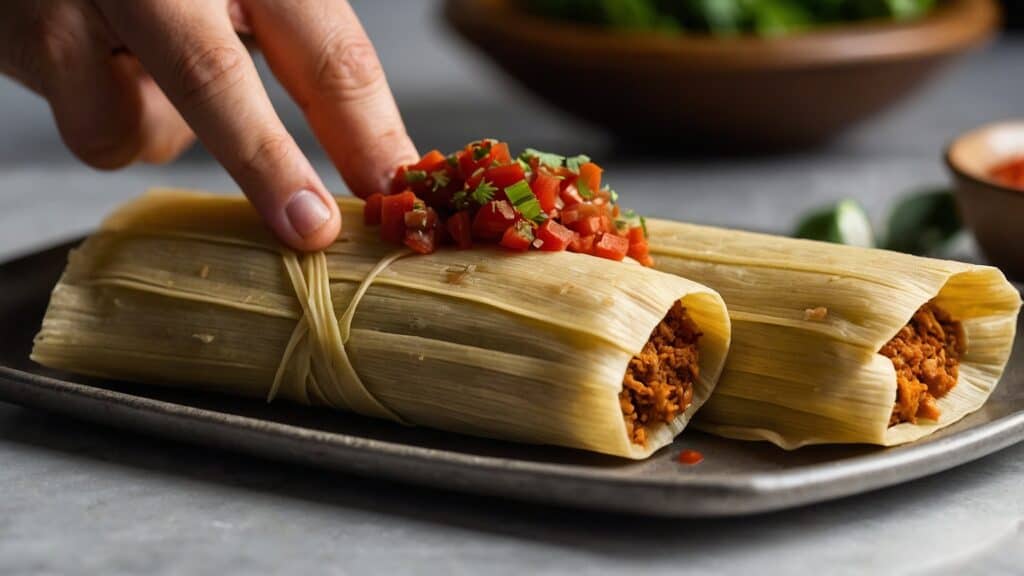 Two best tamales on a plate with sauce on them.