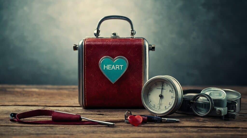 Vintage-style medical equipment essential for cardiovascular health, including a red doctor's bag, stethoscope, and sphygmomanometer on a wooden table.