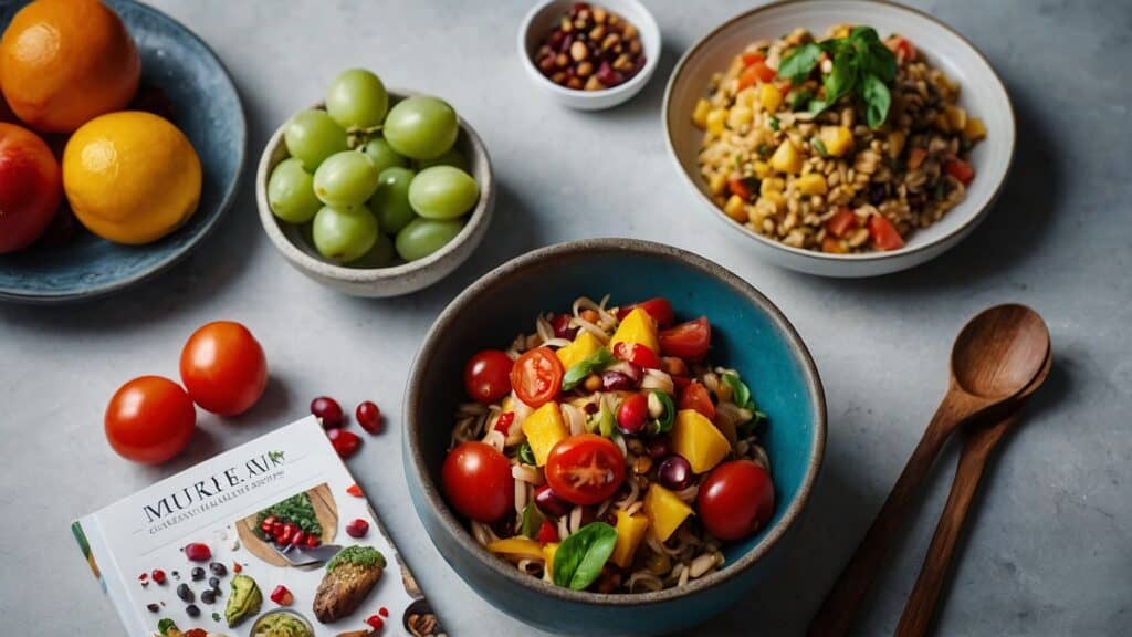 A colorful array of Heart Health Essentials, featuring a bowl of mixed grains, beans, and vegetables, surrounded by fresh fruits and ingredients on a kitchen countertop.