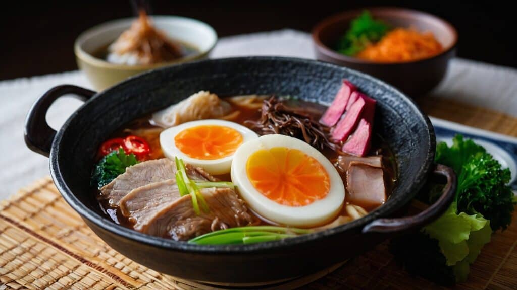 A bowl of Japanese classic ramen with an egg and vegetables.