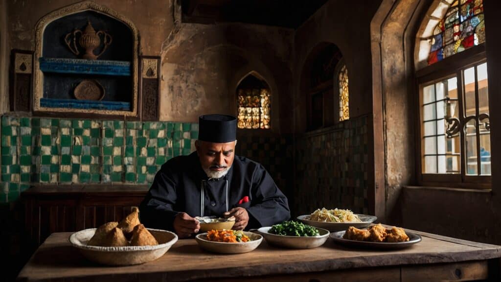 A man sitting at a table with bowls of home cooking.