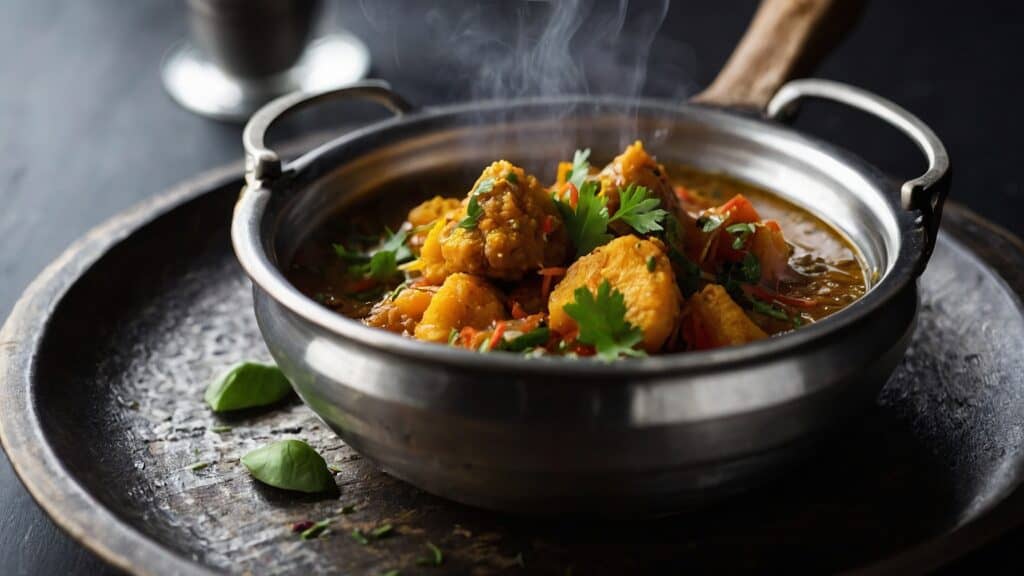 Indian chicken curry with Tarka in a pot on a table.
