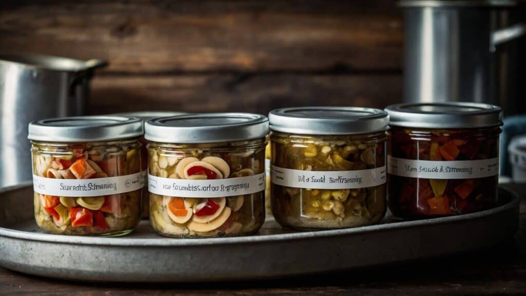 Four jars of fermenting pickles on a tray.