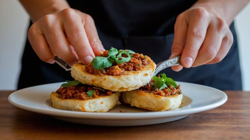 A person enhancing a plate of tavada fried stuffed buns with a fork.