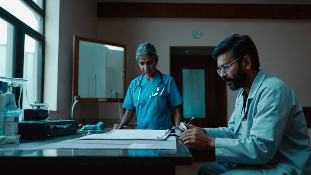 Two healthcare professionals in a medical office focused on cardiovascular health, one documenting information while the other is standing in the background.