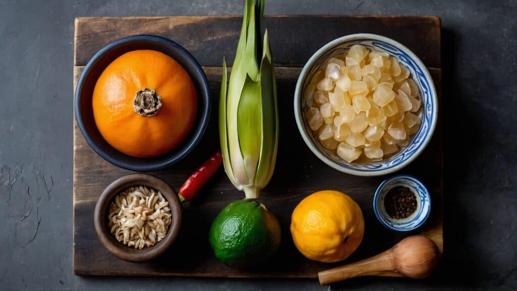 A wooden cutting board with a variety of fruits for tepache and vegetables.