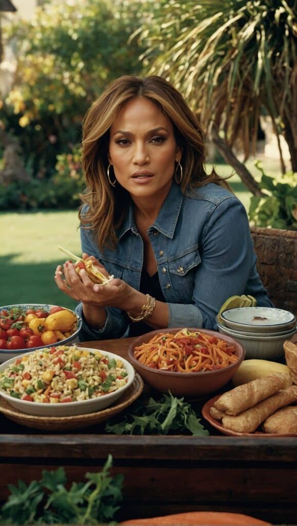 Jennifer Lopez in a garden, showcasing her healthy eating habits with a table full of food.