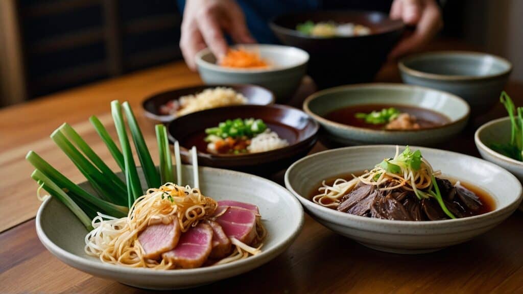 A group of bowls of Japanese sukiyaki.