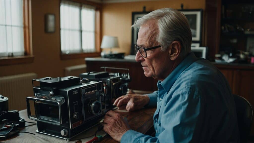 An elderly man examining a vintage camera on a table indoors, highlighting the essentials of heart health.