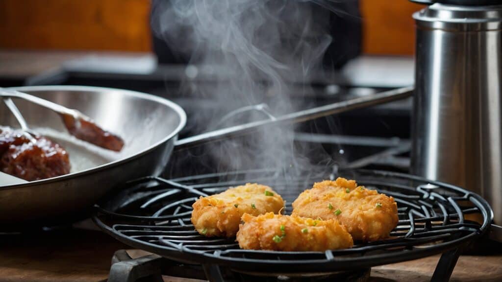Fried food on a grill at home with smoke coming out of it.