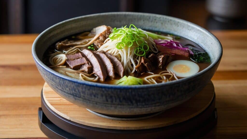 A bowl of soup with meat and noodles, mastering the art of Japanese Sukiyaki.