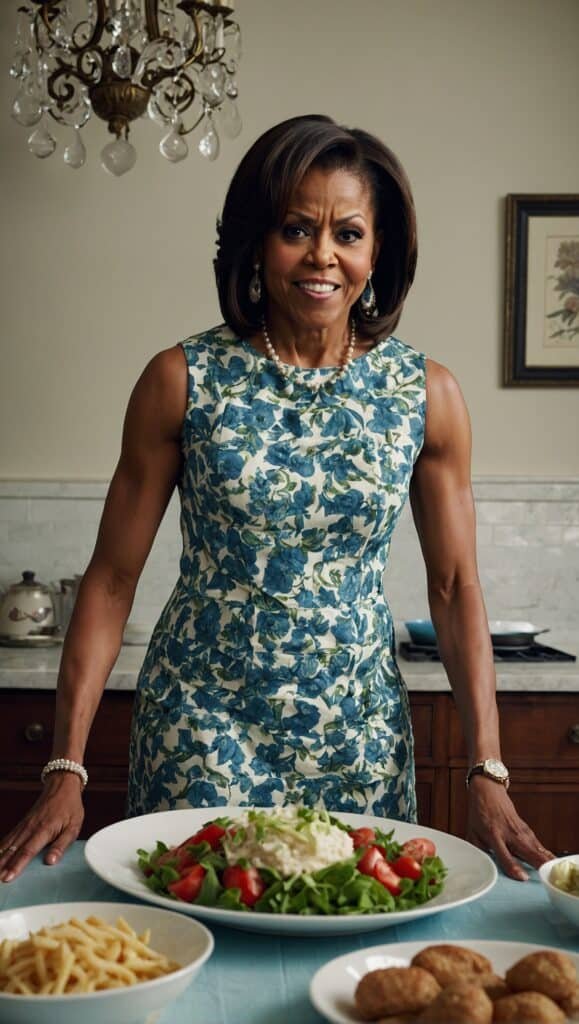 First Lady Michelle Obama poses in front of a plate of fare.