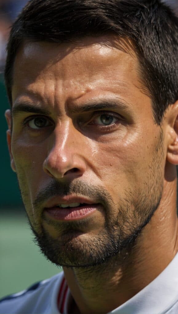 A close-up of Novak Djokovic, a tennis player, staring at the camera.