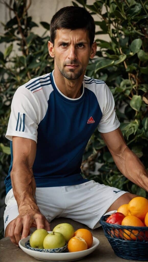 Novak Djokovic is sitting on a bench with a basket of fruit, adhering to his tennis-friendly diet.