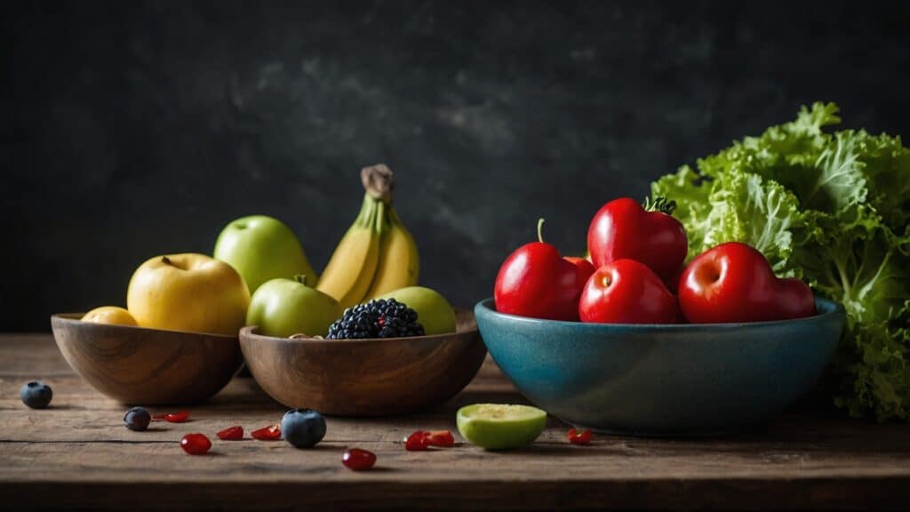 Assorted fresh fruits and vegetables, essentials for heart health, displayed in bowls on a wooden table.