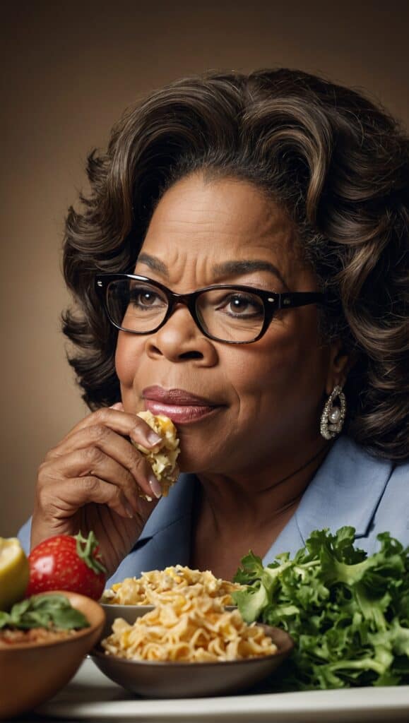 Oprah Winfrey enjoying her diet preferences on a plate of food.