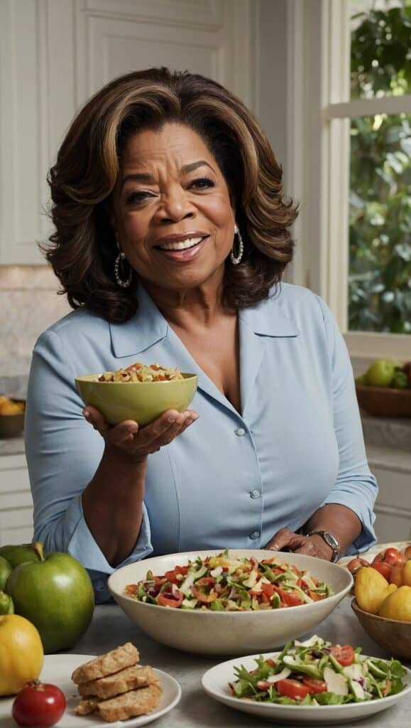 Diet preferences guide Oprah Winfrey as she holds a bowl of salad.