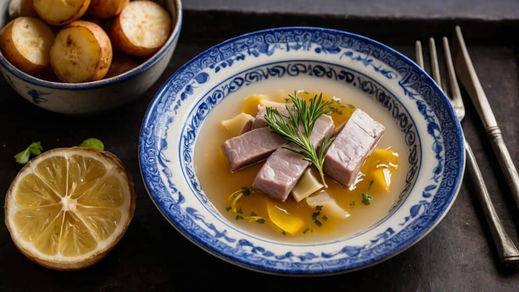 A bowl of soup with fermenting meat and herbs.