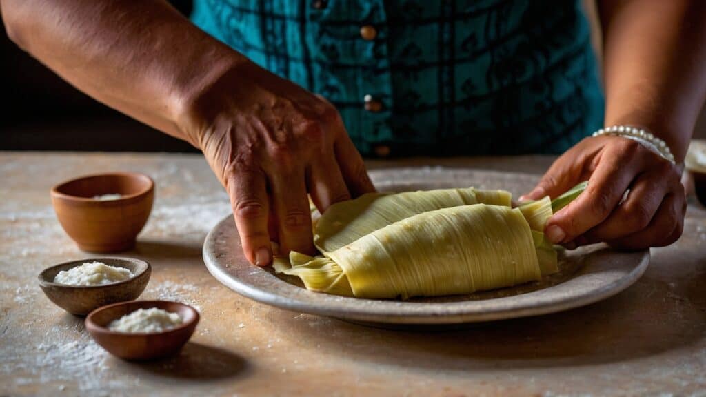 A person is preparing a comprehensive cooking guide for tamales on a plate.