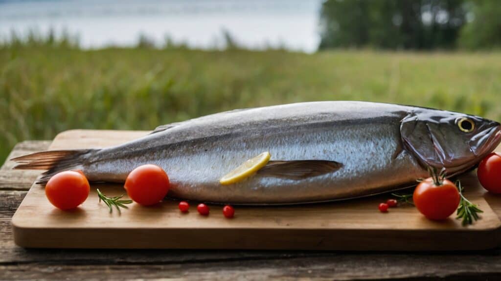 A surströmming fish on a cutting board.