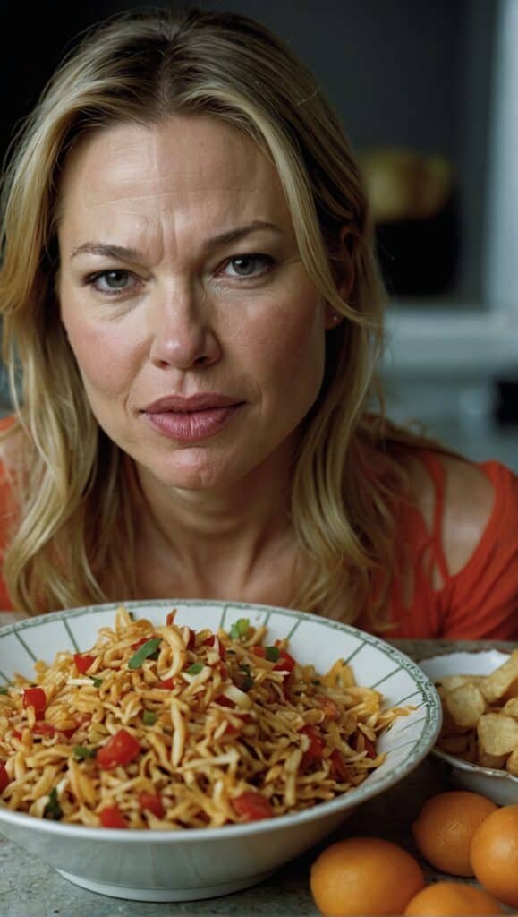 A woman staring at a bowl of noodles, contemplating her new eating routine.