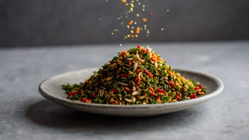 A bowl with a pile of spices on top of it, enhancing home cooking.