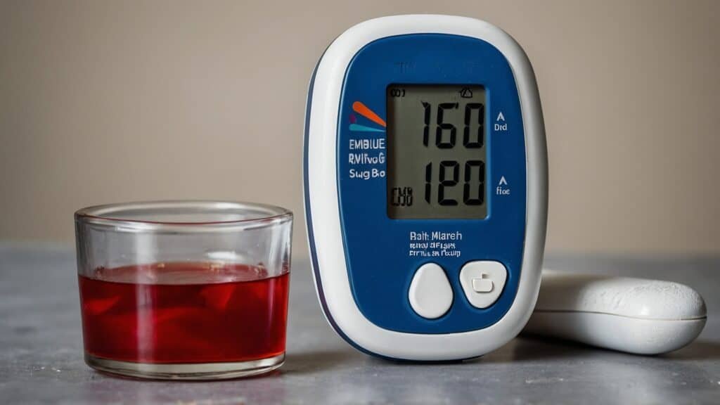 A blood pressure monitor, essential for stabilizing blood sugar levels in diabetes management, displaying a reading next to a glass of cranberry juice.