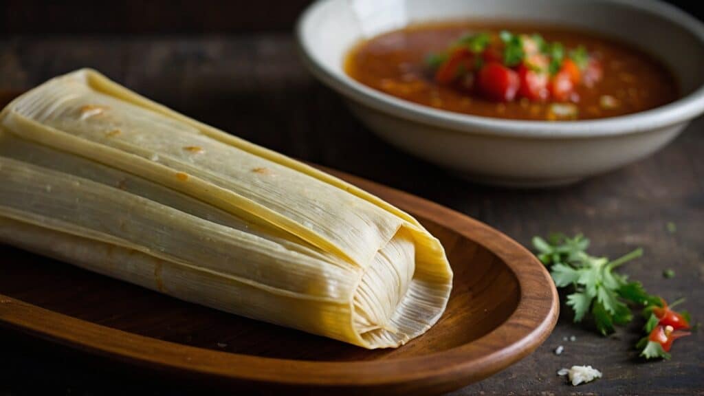A bowl of soup and the best tamales on a wooden table.