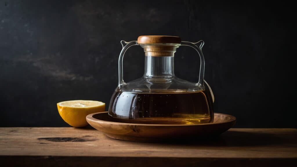 A jug of honey and lemon on a wooden table, showcasing the beginning stages of home tepache fermentation.